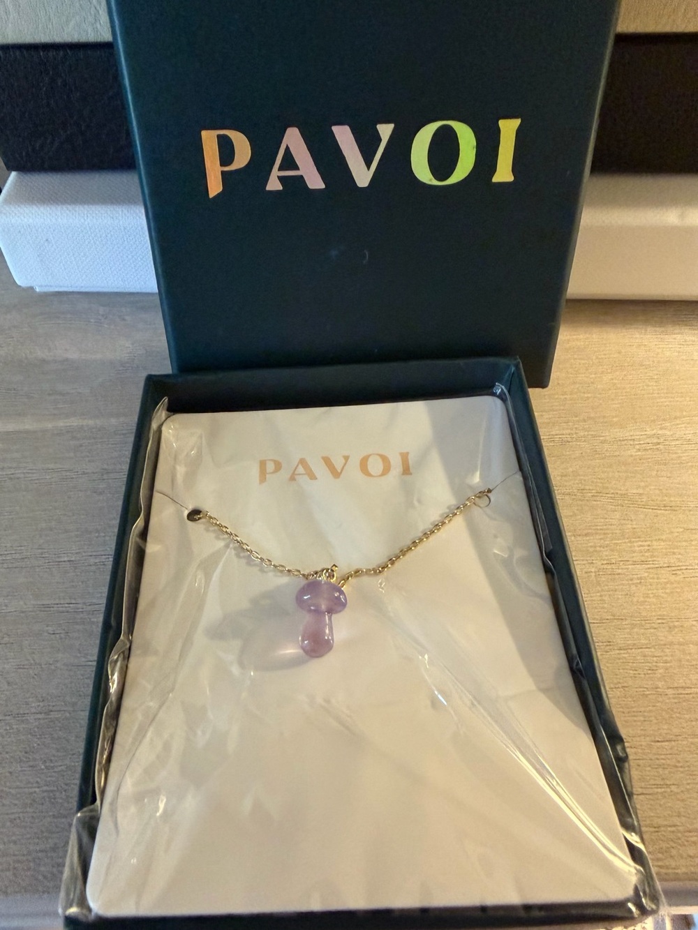 PAVOI Gold Tone Chain Amethyst Mushroom Necklace | Purple Stone Charm | NIB
